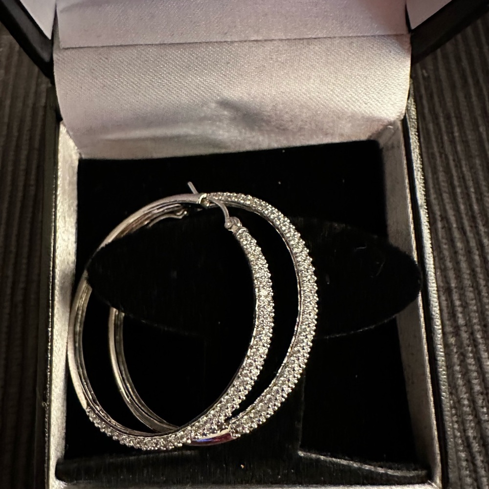 Diamond Accent double row white gold plated over sterling silver hoop earrings